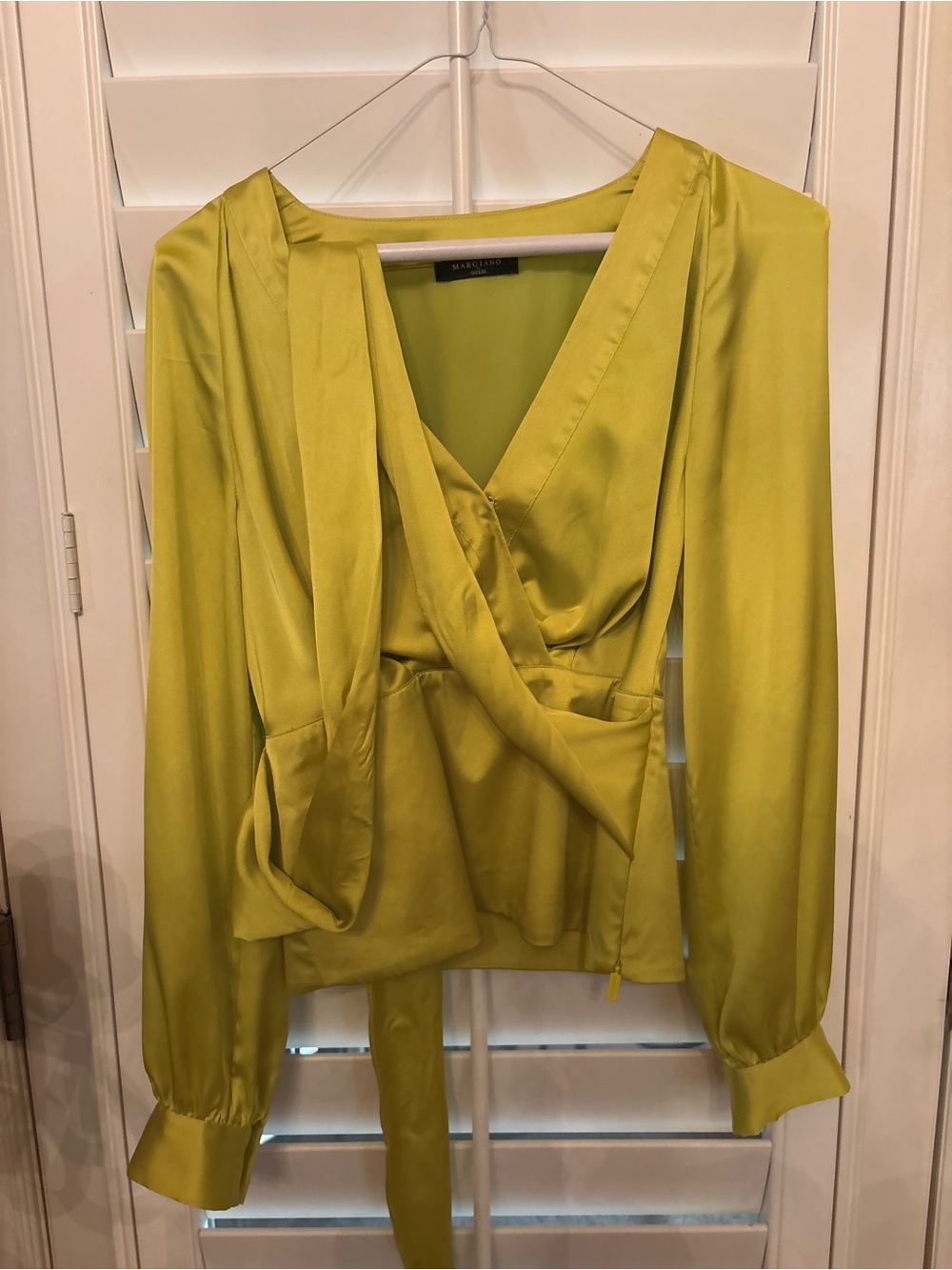 Marciano Chartreuse Satin Wrap-Style Blouse